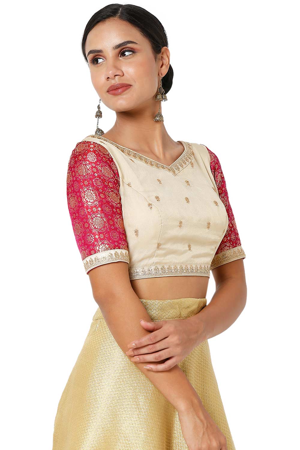 Beige & Pink Organza Embroidered Readymade Saree Blouse