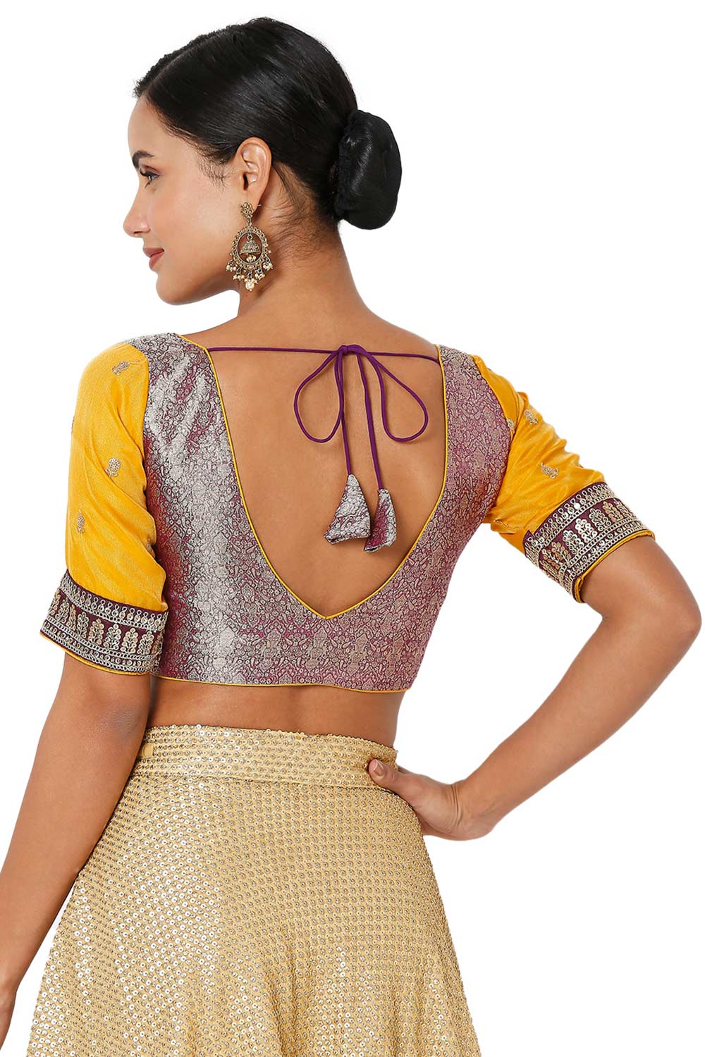 Wine & Yellow Brocade Silk Embroidered Readymade Saree Blouse