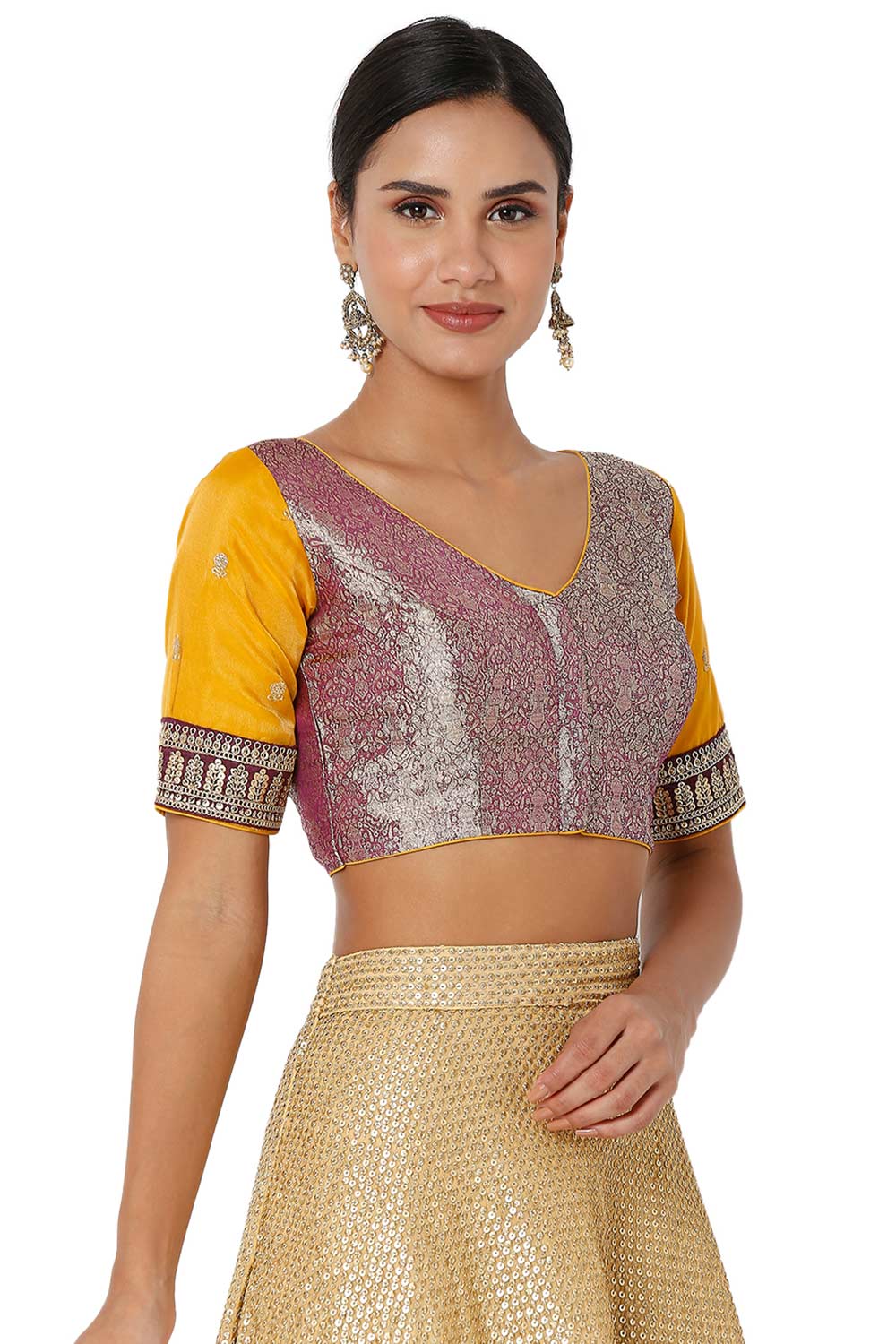 Wine & Yellow Brocade Silk Embroidered Readymade Saree Blouse