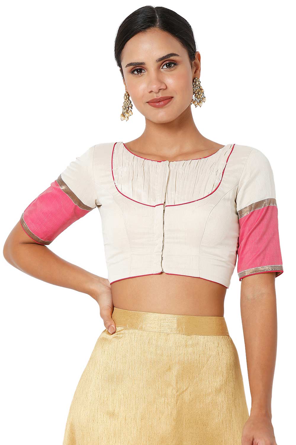 White & Pink Cotton Self Design Readymade Saree Blouse