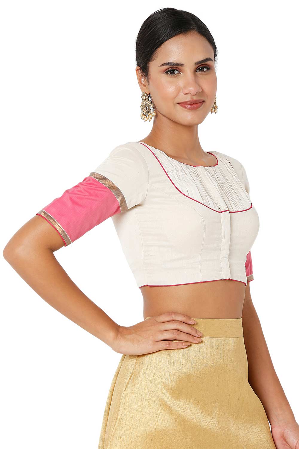 White & Pink Cotton Self Design Readymade Saree Blouse
