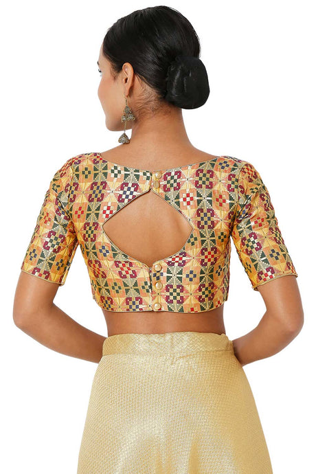 Gold Multi Brocade Self Design Readymade Saree Blouse