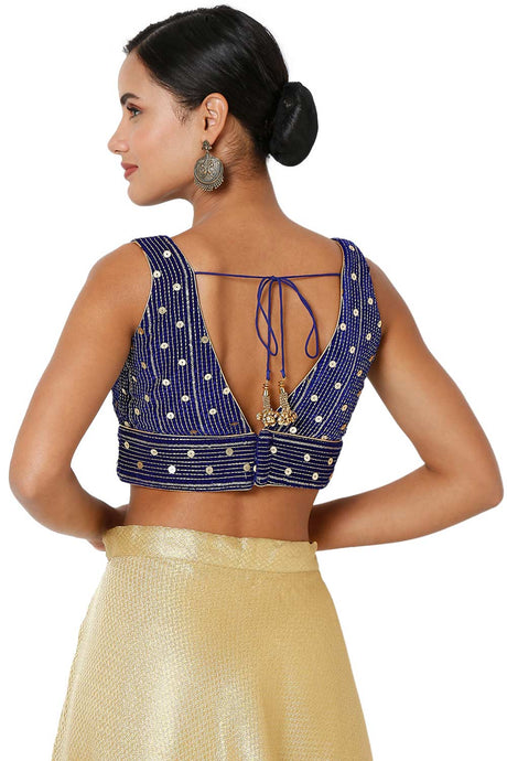 Royal Blue Velvet Embroidered Readymade Saree Blouse