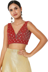 Red Velvet Embroidered Readymade Saree Blouse