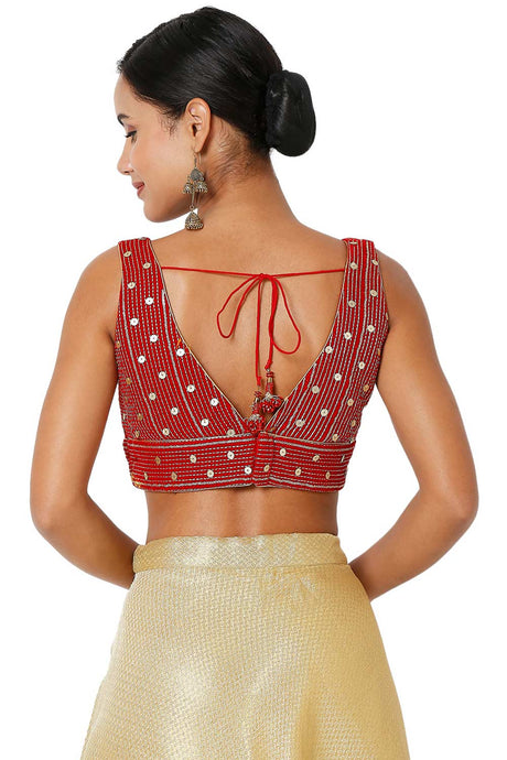Red Velvet Embroidered Readymade Saree Blouse