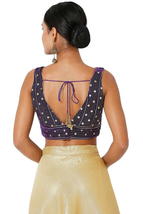 Brinjal Velvet Embroidered Readymade Saree Blouse
