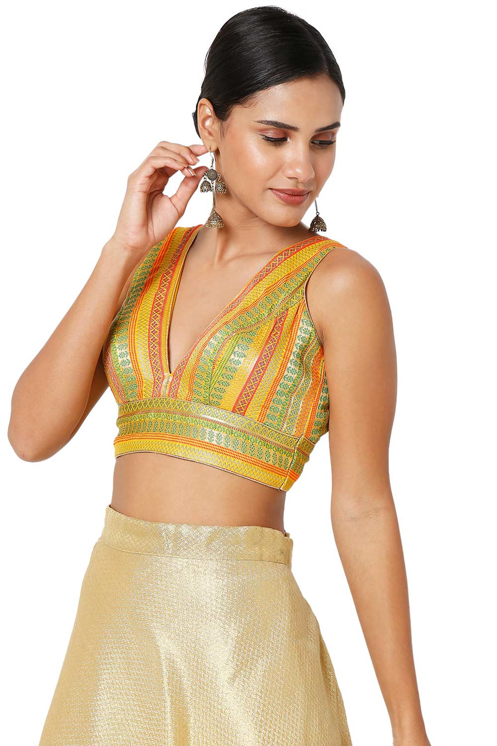 Yellow Multi Brocade Self Design Readymade Saree Blouse