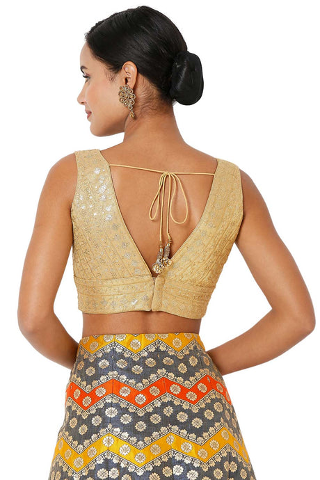 Dark Gold Tissue Embroidered Readymade Saree Blouse