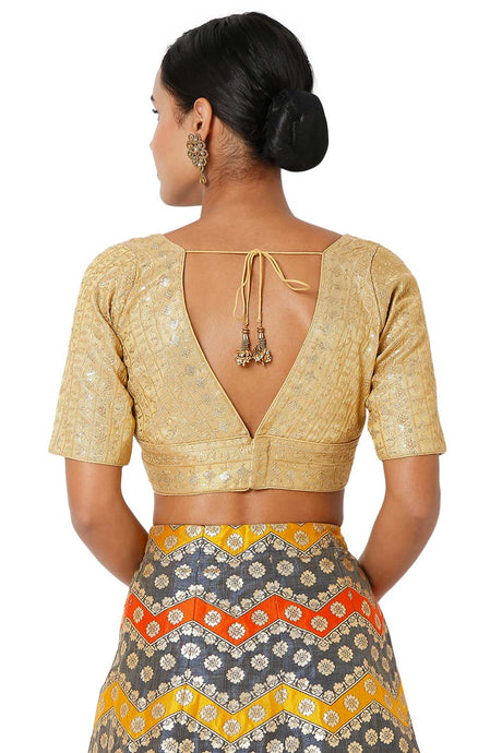 Dark Gold Tissue Embroidered Readymade Saree Blouse