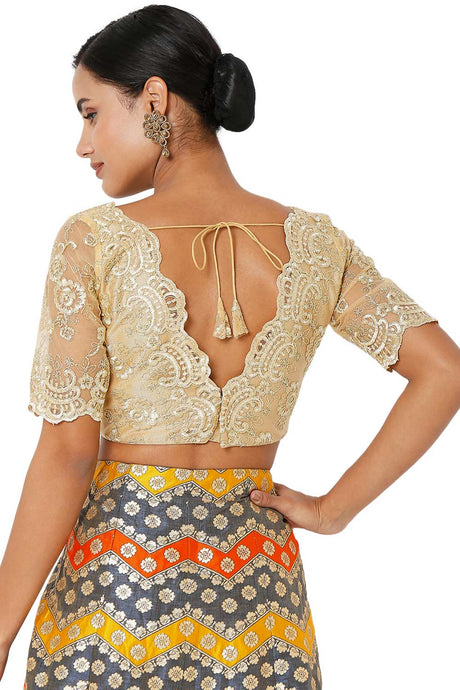 Gold Net Embroidered Readymade Saree Blouse