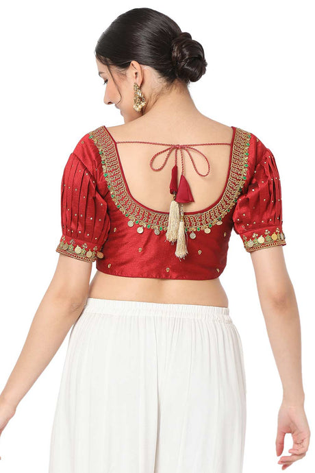 Red Silk Blend Embroidered Readymade Saree Blouse