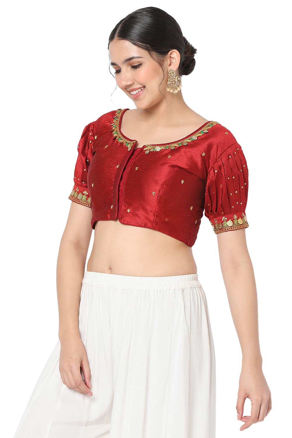 Red Silk Blend Embroidered Readymade Saree Blouse