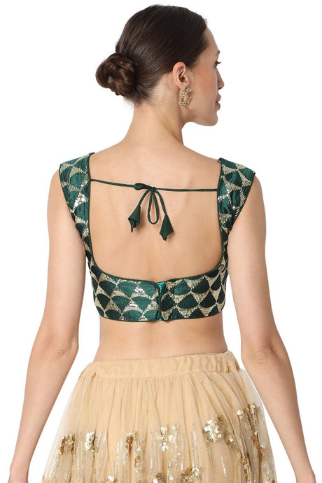 Green Silk Blend Embroidered Readymade Saree Blouse