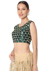 Green Silk Blend Embroidered Readymade Saree Blouse