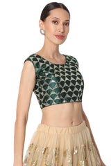 Green Silk Blend Embroidered Readymade Saree Blouse