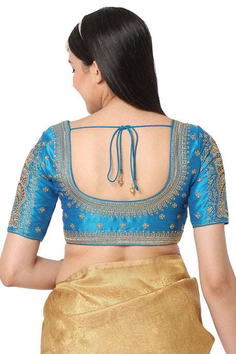 Peacock Blue  Silk Blend Embroidered Readymade Saree Blouse