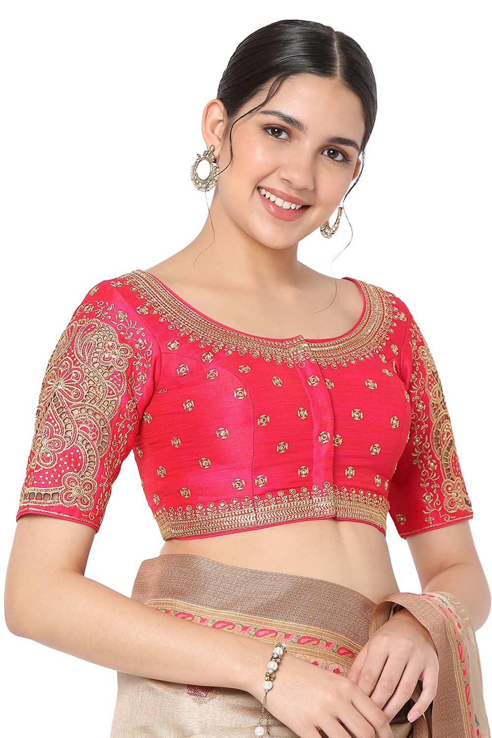 Rani Silk Blend Embroidered Readymade Saree Blouse