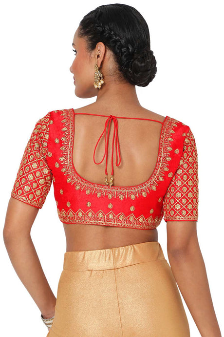Red Silk Blend Embroidered Readymade Saree Blouse
