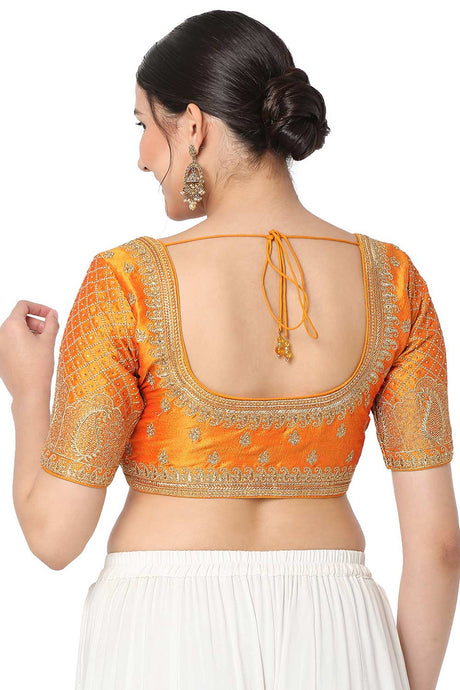 Mustard Silk Blend Embroidered Readymade Saree Blouse