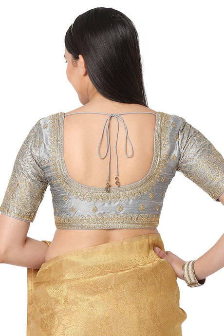 Grey Silk Blend Embroidered Readymade Saree Blouse