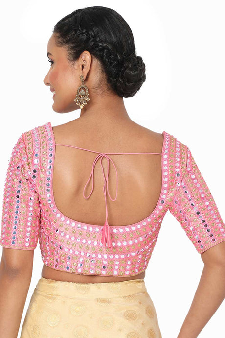 Baby Pink Silk Blend Embroidered Readymade Saree Blouse