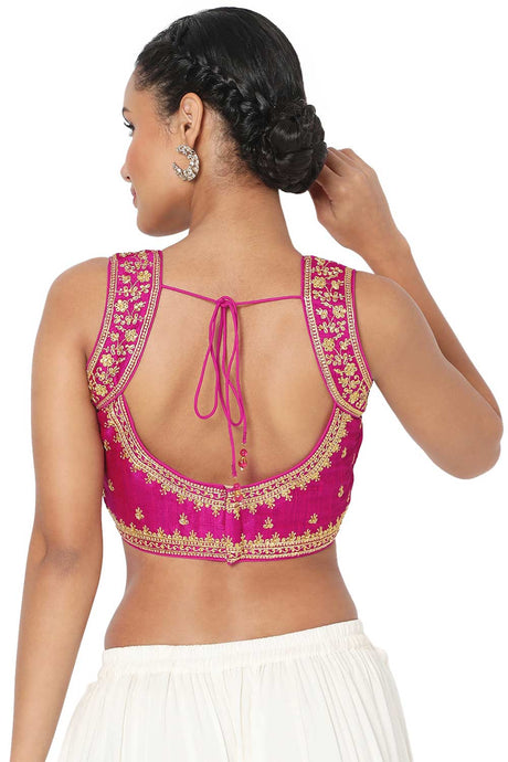 Magenta Silk Blend Embroidered Readymade Saree Blouse