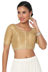 Gold Silk Blend Embroidered Readymade Saree Blouse