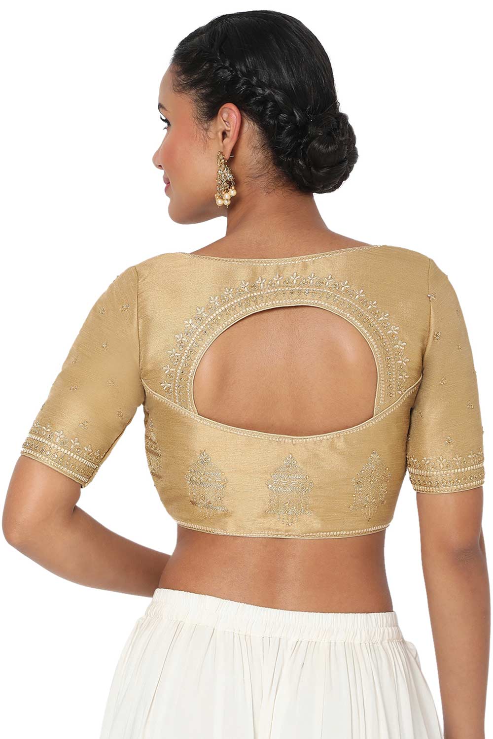 Gold Silk Blend Embroidered Readymade Saree Blouse