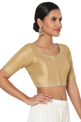 Gold Silk Blend Embroidered Readymade Saree Blouse