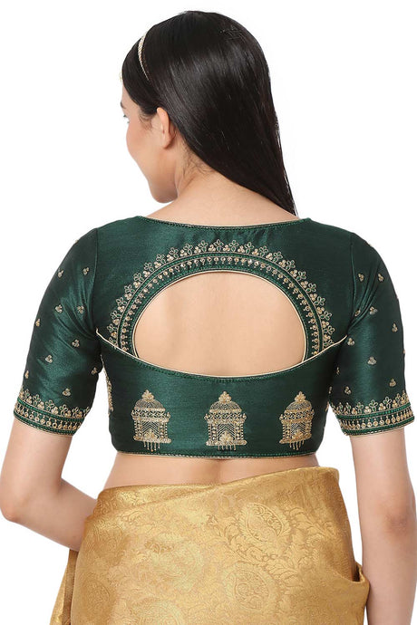 Bottle Green Silk Blend Embroidered Readymade Saree Blouse