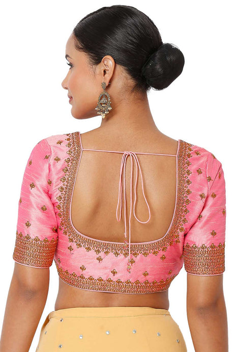 Women's Baby Pink Silk Blend Embroidered Readymade Saree Blouse