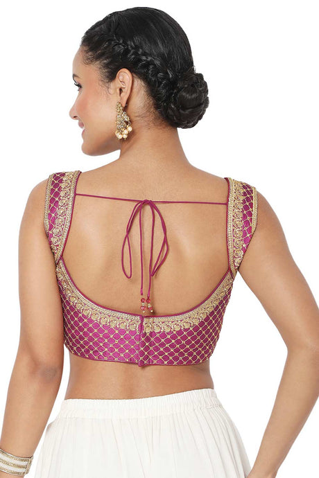 Women's Wine Silk Blend Embroidered Readymade Saree Blouse