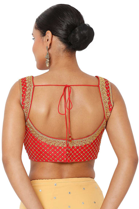Women's Red Silk Blend Embroidered Readymade Saree Blouse