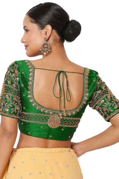 Women's Green Silk Blend Embroidered Readymade Saree Blouse