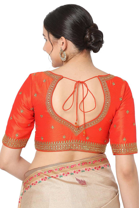 Women's Orange Silk Blend Embroidered Readymade Saree Blouse