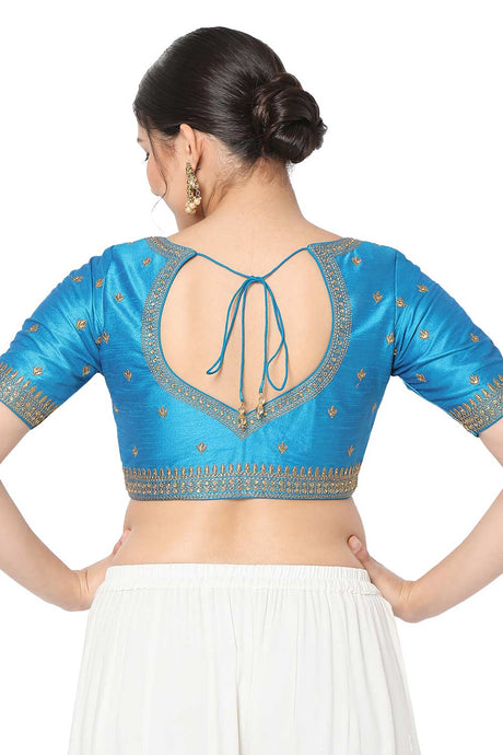 Women's Peacock Blue  Silk Blend Embroidered Readymade Saree Blouse