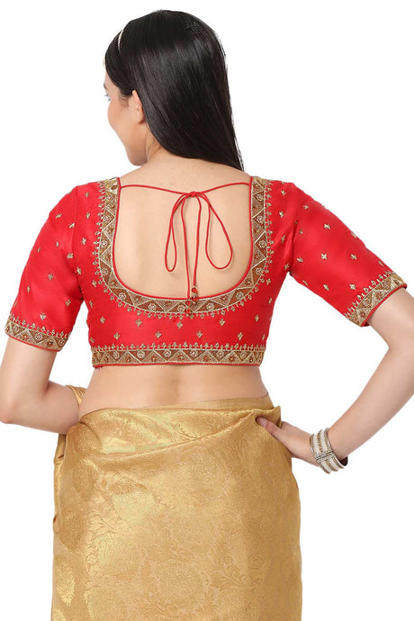 Women's Red Silk Blend Embroidered Readymade Saree Blouse