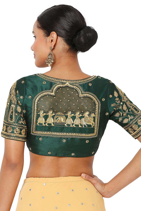 Women's Bottle Green Silk Blend Embroidered Readymade Saree Blouse