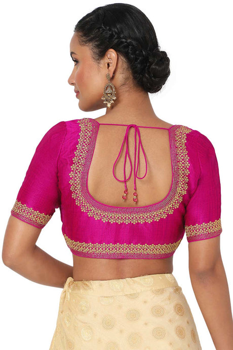 Women's Magenta Silk Blend Embroidered Readymade Saree Blouse