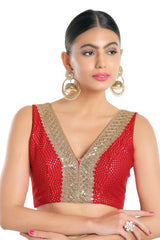 Women's Red Jain Silk Readymade Saree Blouse