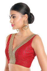 Women's Red Jain Silk Readymade Saree Blouse