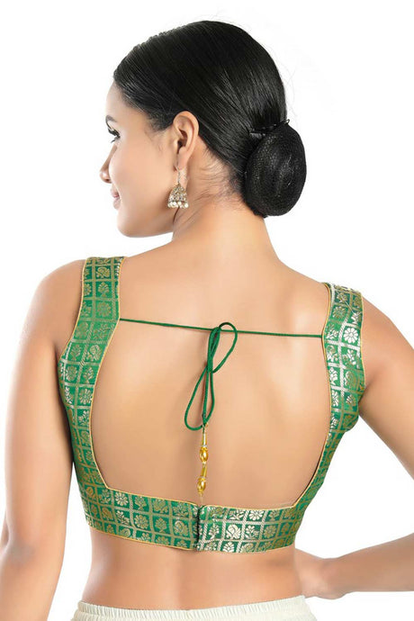 Women's Green Brocade Readymade Saree Blouse