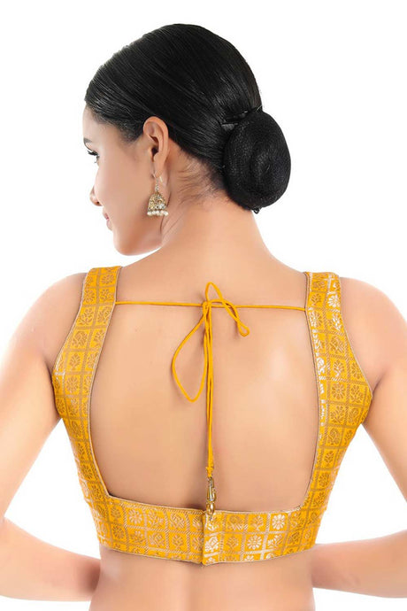 Women's Yellow Brocade Readymade Saree Blouse