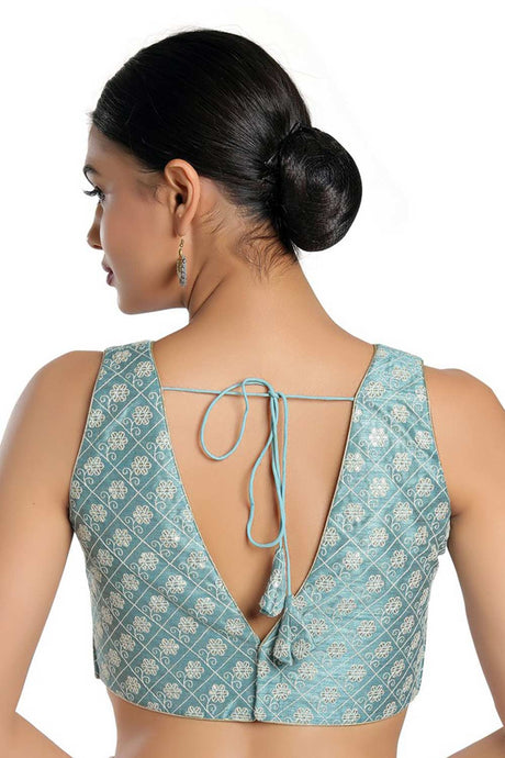 Women's Dusty Blue Jain Silk Readymade Saree Blouse
