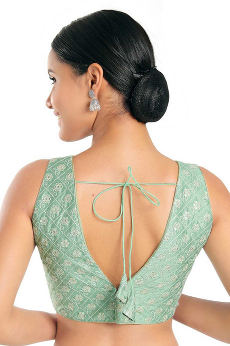 Women's Pista Green Jain Silk Readymade Saree Blouse