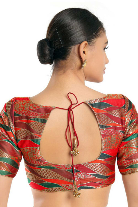 Women's Red Brocade Readymade Saree Blouse