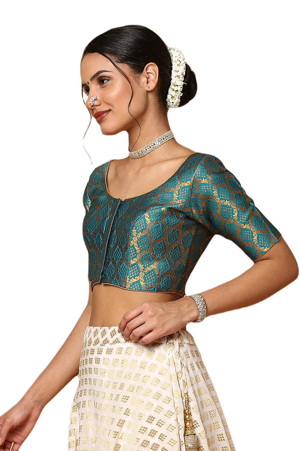 Women's Rama Green Silk Blend Readymade Saree Blouse