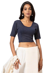 Buy Women's Navy Blue Cotton Lycra Readymade Saree Blouse Online