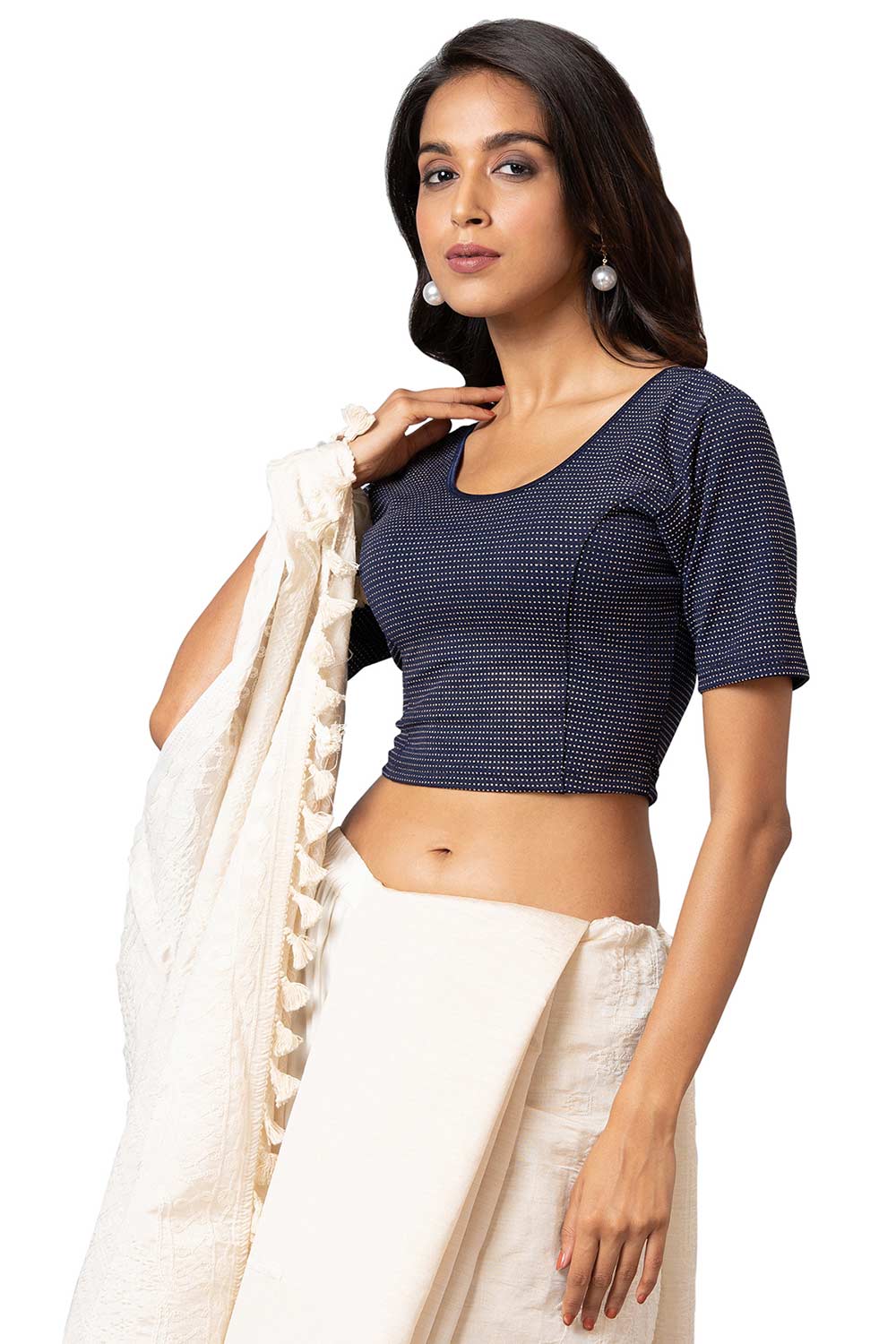 Buy Women's Navy Blue Cotton Lycra Readymade Saree Blouse Online - Front