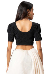 Buy Women's Black Cotton Lycra Readymade Saree Blouse Online - Back